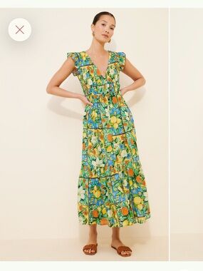 Perigrine Midi DressGreen Floral Lemon Print Sundress- Size M